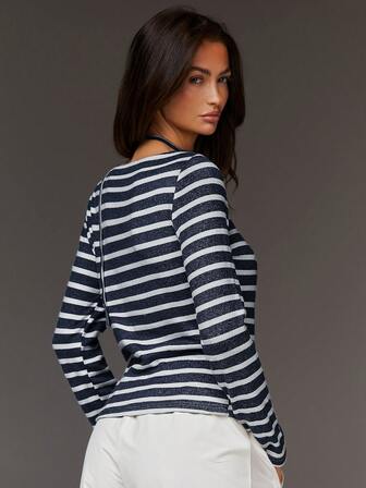 Athîral Women's Casual Striped Round Neck Long Sleeved T-Shirt, Spring, Soft And Comfortable Knitted Fabric, Blue Striped Outfit, Home Wear, Outdoor Wear, Casual Commuting Wear, Date Party Wear