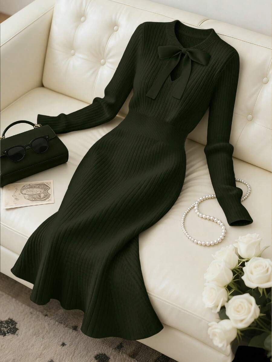 Franclia 新款时尚优雅高品质女士针织连衣裙，秋季百搭 - 軍綠色 - 查看 1