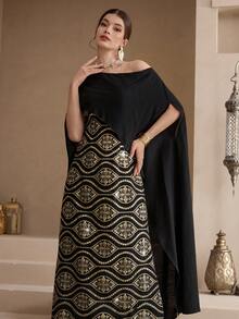 Al Najma Women's Vintage Elegant Asymmetrical Shoulder Arabic Style Dress - Black - View 5