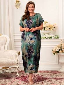 Miaspire 大码碎花圆领短袖连衣裙 - 墨綠色 - 查看 6