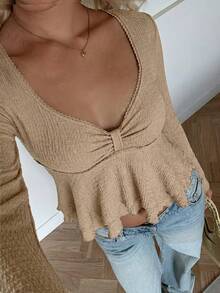 CovetEZ Áo thun dài tay dệt kim màu kaki dễ thương dành cho nữ, thích hợp cho mùa xuân/hè. - Màu Khaki - Xem 6