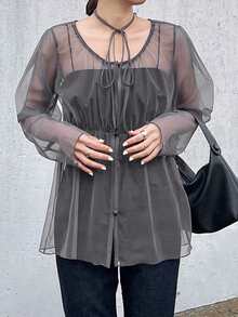 FRIFUL 女士纯色圆领长袖透视收腰上衣 - 深灰色 - 查看 4