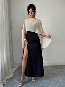 Gloray Hitam dan Krem, Musim Panas, Elegan, Setelan 2 Potong Wanita untuk Makan Malam, Jaket Tipis Syal Chiffon dengan Hem Berkerut & Gaun Maxi Belahan Tinggi dengan Tali Bahu Tipis dan Leher V untuk Pesta - MultiWarna - View 6