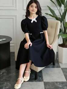 Girls' Solid Color Ruffle Bow Embroidered Bubble Dress,Soft & Comfortable,Summer Elegant Evening Party Black And White Puffy Sleeve Collared Dress - Black - View 1