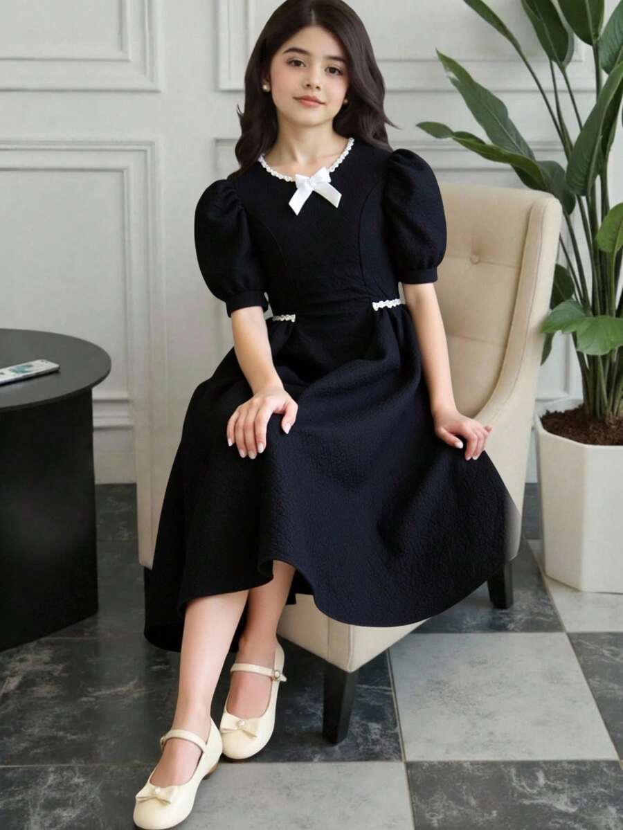 Girls' Solid Color Ruffle Bow Embroidered Bubble Dress,Soft & Comfortable,Summer Elegant Evening Party Black And White Puffy Sleeve Collared Dress - Black - View 1