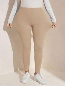 SHEIN LUNE 大码女式纯色保暖内衬休闲百搭通勤秋冬打底裤 - 杏色 - 查看 4