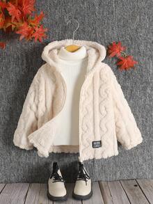 SHEIN 儿童秋冬服装 小女孩针织纯色蓬松字母刺绣连帽宽松法兰绒保暖休闲外套，秋冬季，非常适合休闲、日常穿着和上学。 - 杏色 - 查看 3
