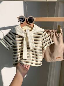 SHEIN 3件套婴儿男女童夏季卡其条纹斗篷，卡其休闲短裤套装，适合生日派对、锐舞派对、晚宴、演出、婚礼、迎婴派对、一周岁生日庆祝活动 - 彩色 - 查看 4