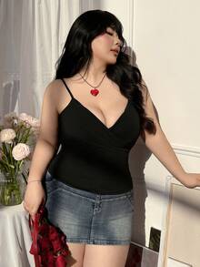 SHEIN EZwear Damen Große Größen Lässig Twist Design Trägerhemd V-Ausschnitt Schwarz Sexy Tops Sexy Damen Tops Herzausschnitt Tops Süßer Schwarzer Top Sexy Tops für Damen Tops für Damen Damen Tops für den Sommer Body Tops für Damen Push-up - Schwarz - Übersicht 4