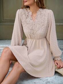 Louniche Women's Lace Collar Waist Flared Short Dress, Spring/Autumn - Khaki - View 4