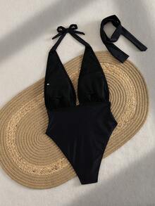 Swim Chiccia 女士纯色优雅V领挂脖连体泳衣，春夏款 - 黑色 - 查看 2