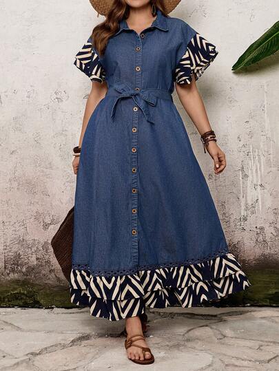 EMERY ROSE Plus Size Women Fashion Casual Patchwork Belt Denim Dress,Dark Wash Denim Dress,A-Line Dress,Button Front Denim Dress,Ruffle Patchwork Dress,Printed Denim Dress,Bow Tie Waist Dress,Lightweight Denim Fabric,Vacation Denim Dress,Travel Outfit Dress,Office Casual Dress,Boho Denim Dress,Boho Denim Dress,Island Vacation Outfit,Spring Summer Resort Denim,Old Money Dress,Old Money Dress,City Casual Style,Spring Break Outfit,Spring Break Outfit,Holiday Travel Outfit,A-Line Maxi Dress,Waist Tie Dress,Summer,Carnival,Beach,Party,Elegant Party Dress,Going Out
