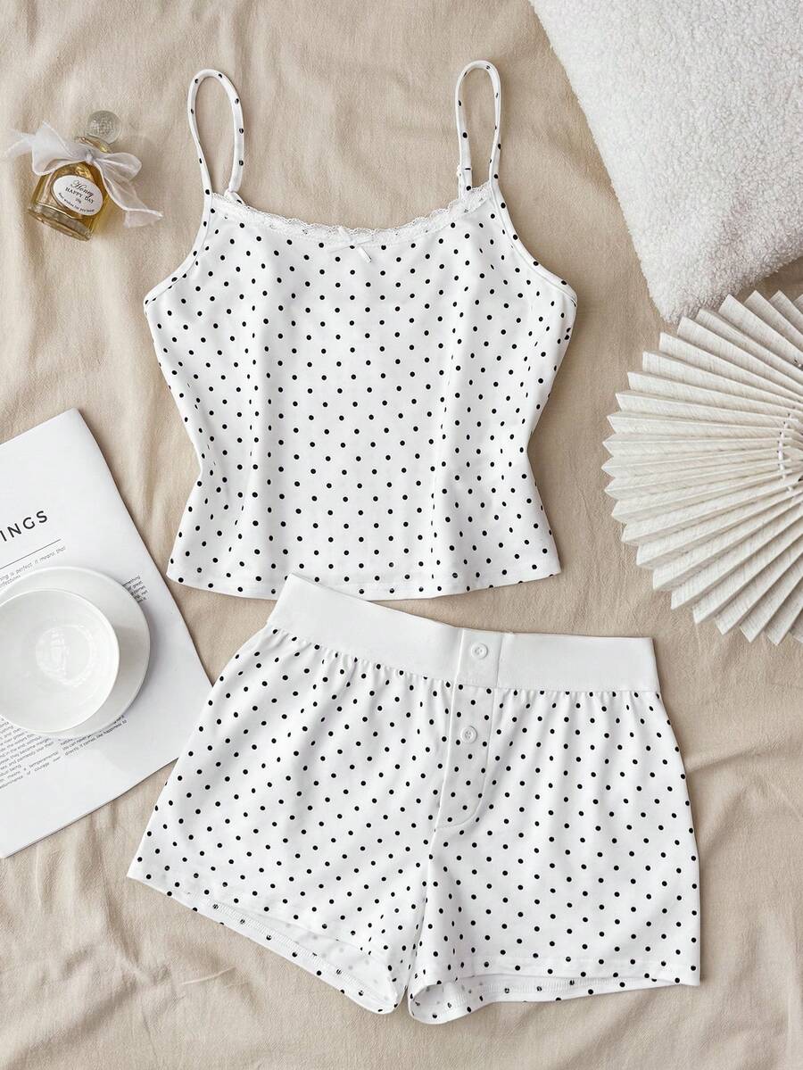 Teen Girls Lace Trim Polka Dot Pattern Camisole And Shorts Set, Suitable For Spring/Summer, Valentine's Day, Home, Clean Girl/Soft Girl Style - White - View 1
