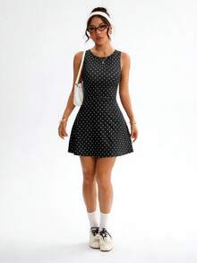 Dewbera 女士波点印花圆领无袖运动连衣裙，带衬里短裤 - 黑色 - 查看 5