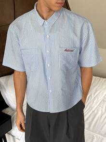 SWAVVY Men's Casual Striped Short Sleeve Shirt, Summer - Blue - View 3