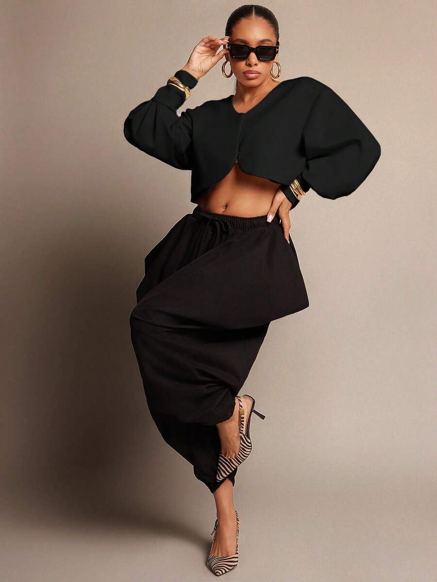 Vixey 纯色V领不对称下摆休闲长袖上衣 - 黑色 - 查看 1