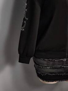 SHEIN ICON 大码女式休闲连帽衫，饰有水钻，前拉链 - 黑色 - 查看 7