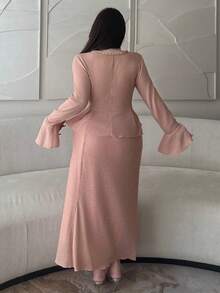 Dazy Plus 2pcs/Set V-Neck Rhinestone Trim Flare Sleeve Fitted Top & Stretchy Elegant Long Skirt Set, Pink - Baby Pink - View 7