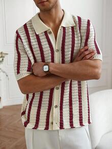 Manfinity Homme 男士条纹单排扣休闲通勤针织短袖上衣 - 彩色 - 查看 4