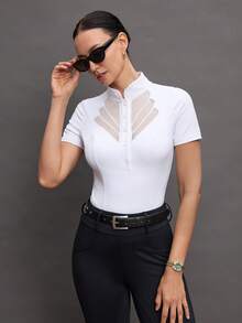 Activina Áo sơ mi nữ tay ngắn cổ bẻ phối lưới, chất liệu vải mỏng, kiểu dáng cưỡi ngựa. - trắng - Xem 6