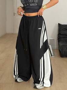 Coolane Pantalones cargo de paracaídas con bloques de color, estilo streetwear para conciertos y salidas, de tela tejida con parches, para mujer talla grande en primavera y verano - Negro - Ver 4