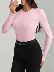 SHEIN Tall Plain Pink Round Neck Casual Bodysuit With Long Sleeves For Her - Pink - View 6