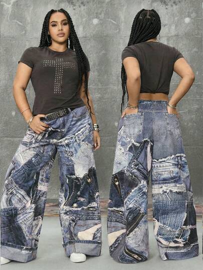 Grunge Punk Jeans à jambe large effet denim pour grandes tailles
