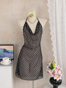 Swim Vcay Women's Summer Beach Vintage Polka Dot Print Draped Neck + Deep Draped Neck Ruffled Short Cover-Up Dress, Flattering Design Suitable For Beach, Pool And Other Summer Occasions Polka Dot Swimsuit Swim Cover Up Dress Bikini Cover Up Dress Polka Dot Cover Up Dress Sexy Vacation Dress Resort Wear Women Vacation Dress Summer Outfit For Women Beachwear Dress One Piece Swimsuit Women With Cover Up Polka Dot Swimsuit One Piece - Black and White - View 7