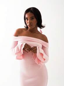 OverBlushhh Vestido midi suave y elegante de mujer con hombros descubiertos, mangas largas, volantes y busto fruncido, ideal para uso diario, citas, cumpleaños, graduación - Rosa Pálido - Ver 7