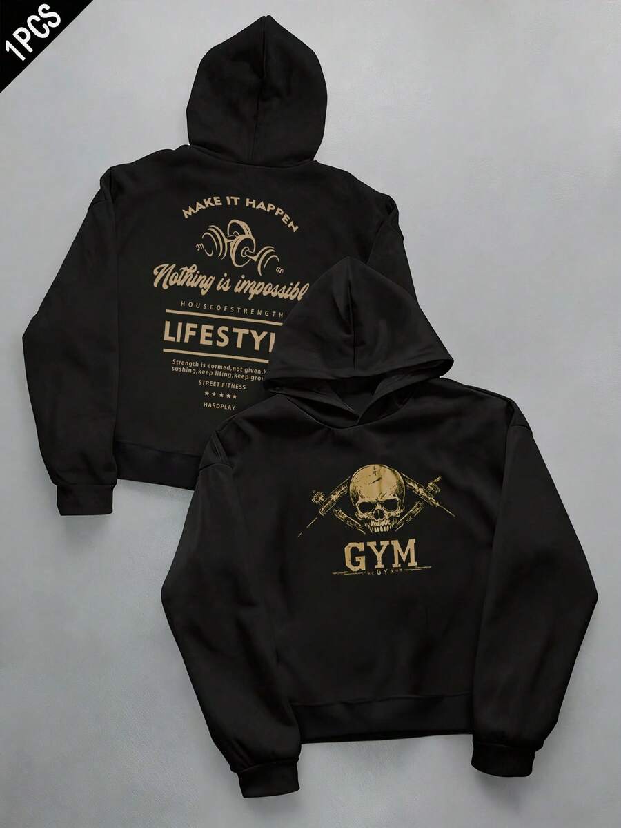 Sport MetroGents Men's Letter & Skull Print Hooded Long Sleeve Sweatshirt Gym Sweatshirt Gym Sweater Gym Tops Gym Hoodie Gym Wears