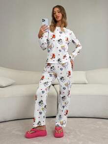 THE POWERPUFF GIRLS X SHEIN Women's Comfortable All-Over Print Long Sleeve Top And Pants Pajama Set, Autumn