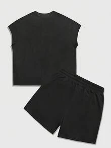 ROMWE MEN Street Life Men's Round Neck Embroidered Black Tank Top And Shorts Casual Set - Black - View 2