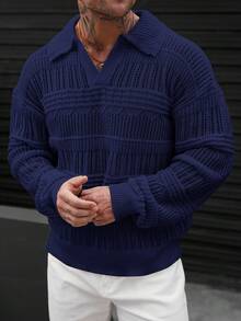 Manfinity Homme 男士纯色休闲百搭通勤长袖毛衣，秋冬男士针织衫藏蓝色毛衣，男士针织Polo衫，男士翻领针织衫，男士针织上衣藏蓝色男士毛衣套头衫，男士针织Polo衫 - 藍色 - 查看 7