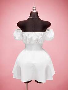 SHEIN ICON 大码女式露肩迷你连衣裙，泡泡袖，纽扣设计 - 白色 - 查看 2