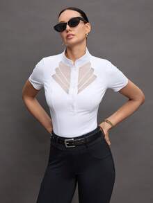 Activina Áo sơ mi nữ tay ngắn cổ bẻ phối lưới, chất liệu vải mỏng, kiểu dáng cưỡi ngựa. - trắng - Xem 8