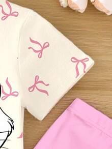 2pcs/Set Infant Girls' Casual Cute Kitty & Bow Print T-Shirt And Pants Outfit, Comfortable Daily Wear, Suitable For Spring, Summer, Autumn Toddler Girl Cartoon Shirt Toddler Girl Cute Sets Toddler Girl Legging Set Toddler Girl Kitten Top - Multicolor - View 5