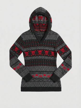 J-Fashion Felpa con cappuccio da donna con stampa jacquard a teschio, adatta per l'autunno/inverno