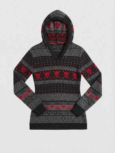 J-Fashion sweat-shirt à capuche en jacquard imprimé crâne d'Halloween pour femmes, automne/hiver