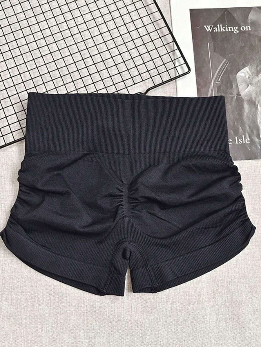 Easithlete 女士高腰提臀罗纹瑜伽短裤 - 收腹、高弹、防走光、运动短裤 - 黑色 - 查看 1