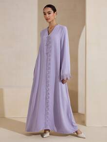 Graceveil Women's Solid Color Minimalist Long Sleeve Abaya Dress, Everyday Wear - Purple - View 6