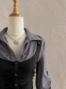 Attitoon 复古撞色纽扣二合一男女通用衬衫 - 黑色 - 查看 2