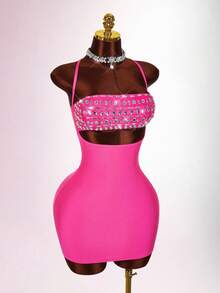 Amplova Women's Rhinestone Cutout Bodycon Mini Slip Dress, Sexy - Hot Pink - View 7