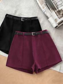 Franclia Women's Solid Color Minimalist Casual Shorts - Red Violet - View 6