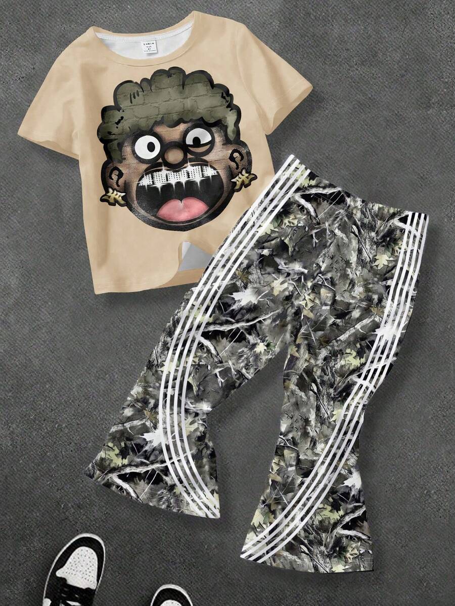 两件套男婴休闲时尚经典酷炫卡通印花圆领短袖T恤和条纹喇叭裤针织套装，适合夏季、街头风、返校季穿着。 - 白色 - 查看 1