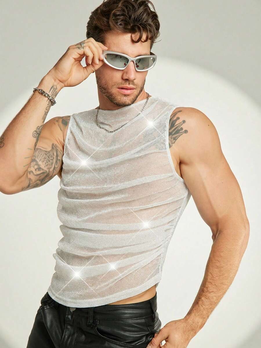 FeverCity Sexy Sheer Mesh Party Clubwear Men's Tank Top - White - View 1