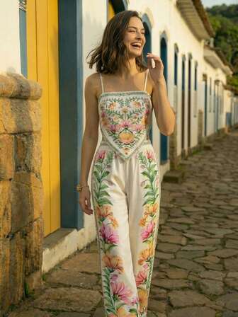 CAJUNI 女士休闲度假印花吊带背心和松紧腰裤套装，黄色，浪漫自然风