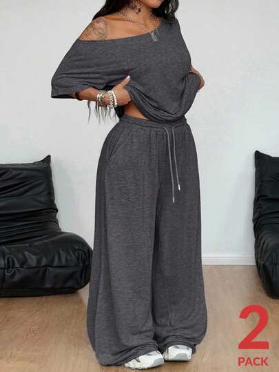 Coolane Ensemble deux pièces pour femmes grandes tailles, tenue de base minimaliste pour le printemps/été, streetwear confortable pour la vie quotidienne, la sortie et le sport. T-shirt épaules dénudées et pantalon de jogging à jambes larges.