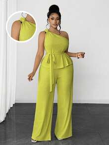 Maweii Plus Size Women's Fashion Solid Color 3D Floral Decor One-Shoulder Top And Pants 2-Piece Set, Summer - Lime Green - View 1