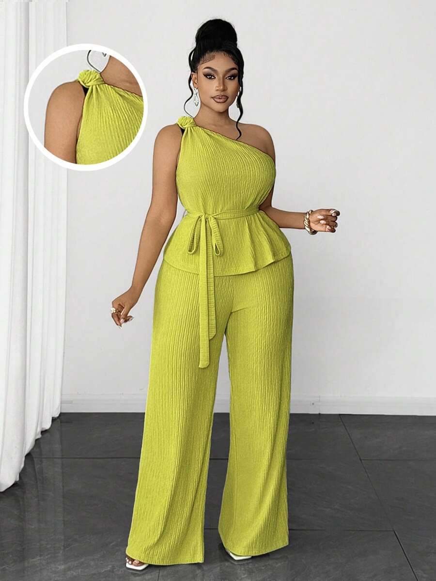 Maweii Plus Size Women's Fashion Solid Color 3D Floral Decor One-Shoulder Top And Pants 2-Piece Set, Summer - Lime Green - View 1