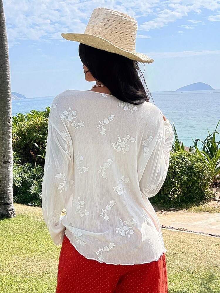 3D Embroidered Floral Pattern Women's Lightweight Sleepwear Top